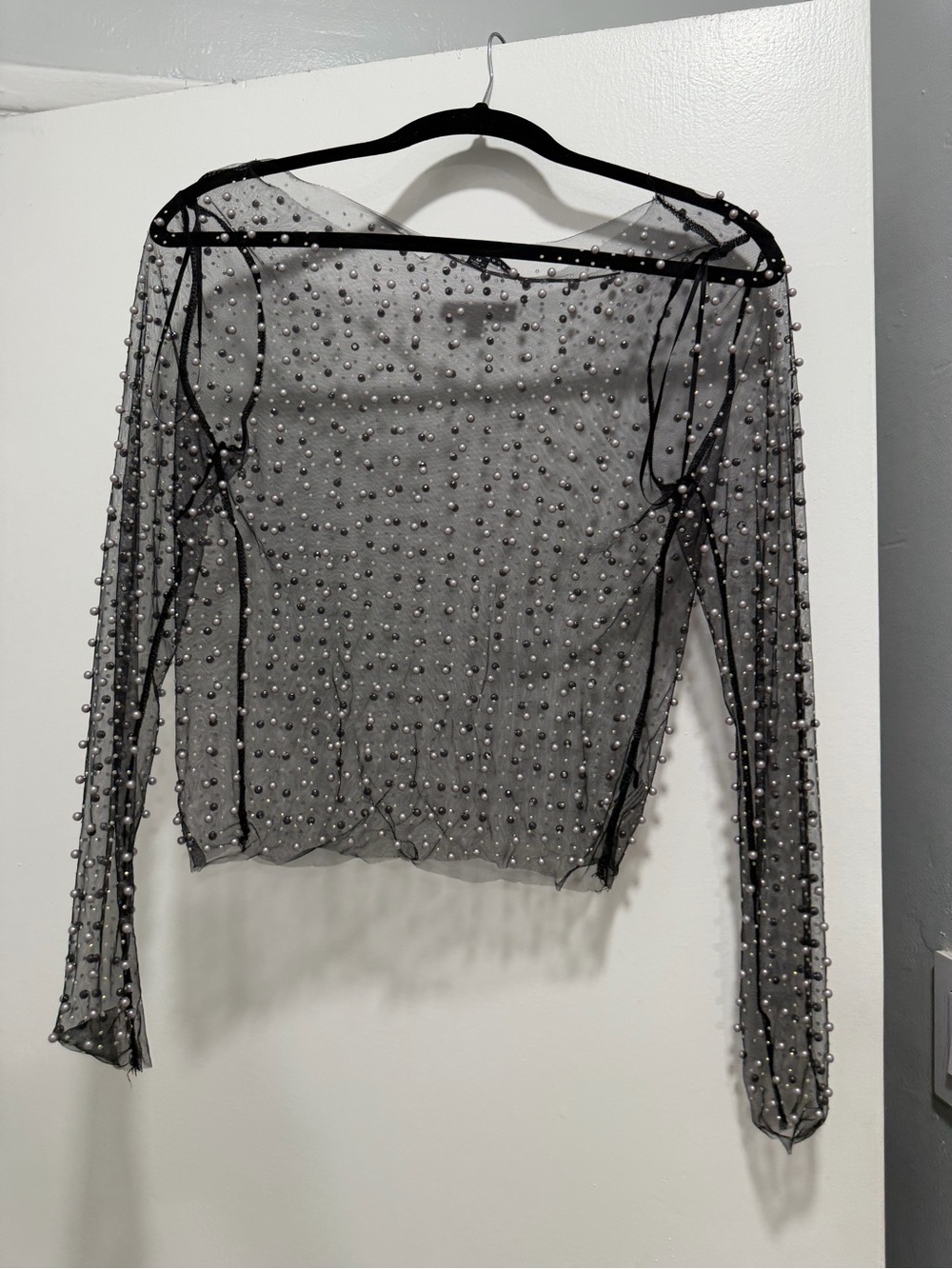 Haute Monde Black Sheer Pearl-Studded Long Sleeve Top